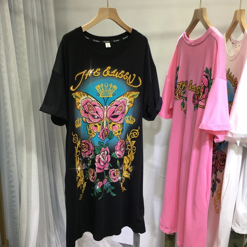 

Trendy Hot Drilling Women Dress Luxury Butterfly Rose Mid-long Loose T-shirt Pullover Top Streetwear Short Sleeve Straight Dress