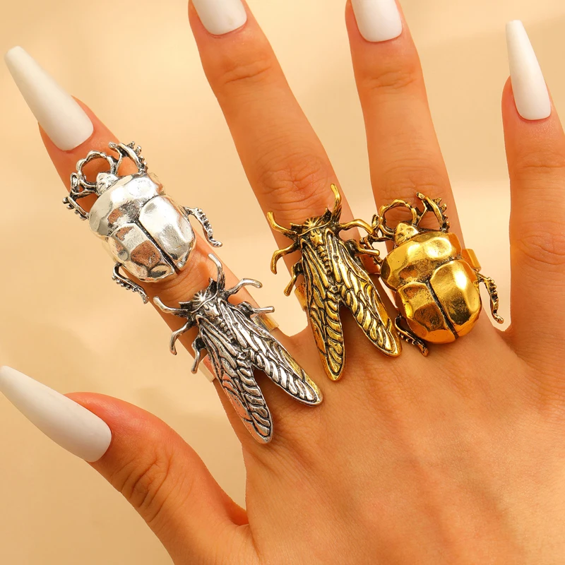 Anillo abierto de escarabajo Punk para hombres y mujeres, exquisito anillo de dedo de insecto cigarra, Hiphop exagerado Vintage, regalo de joyería versátil informal