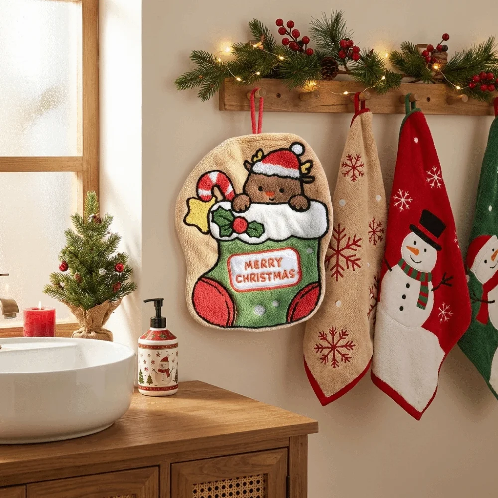 Coral Fleece Xmas Hanging Hand Towel Absorbent Snowman Santa Claus Handkerchief Thickened Soft Christmas Tree Hand Towel