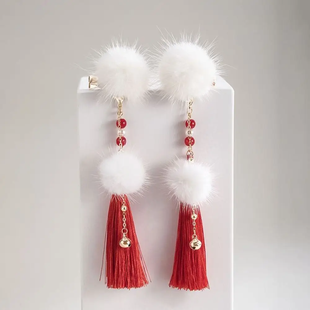 2PCS Red Fur Ball Tassel Bell Hair Clips Gilr Hairpins Kid Headdress Ancient Style Barrettes Costume Photography Prop