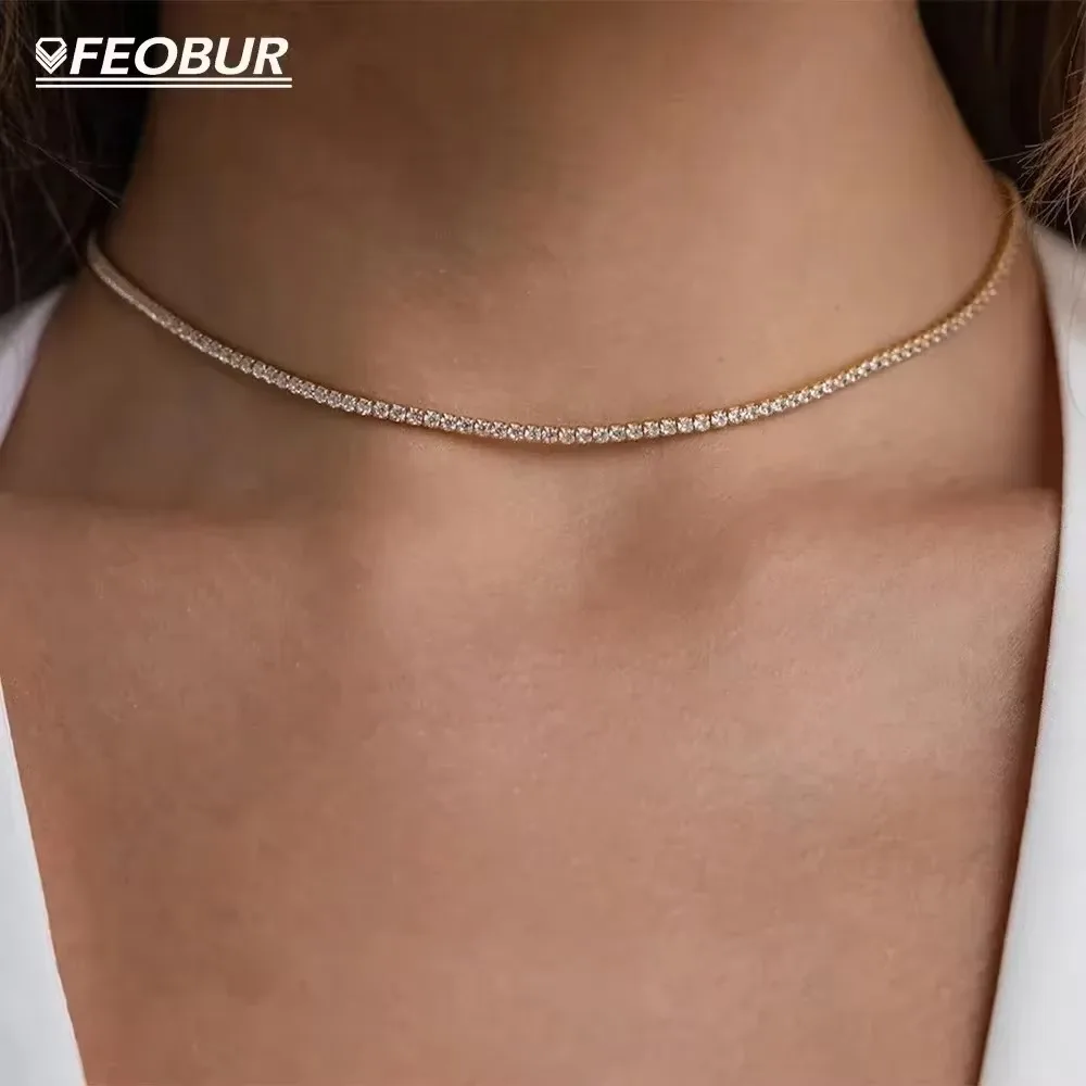 FEOBUR – collier ras du cou de Tennis en Moissanite pour femmes, couleur D, plaqué argent S925, or 18 carats, chaîne de cou entièrement réglable en diamant, 2mm