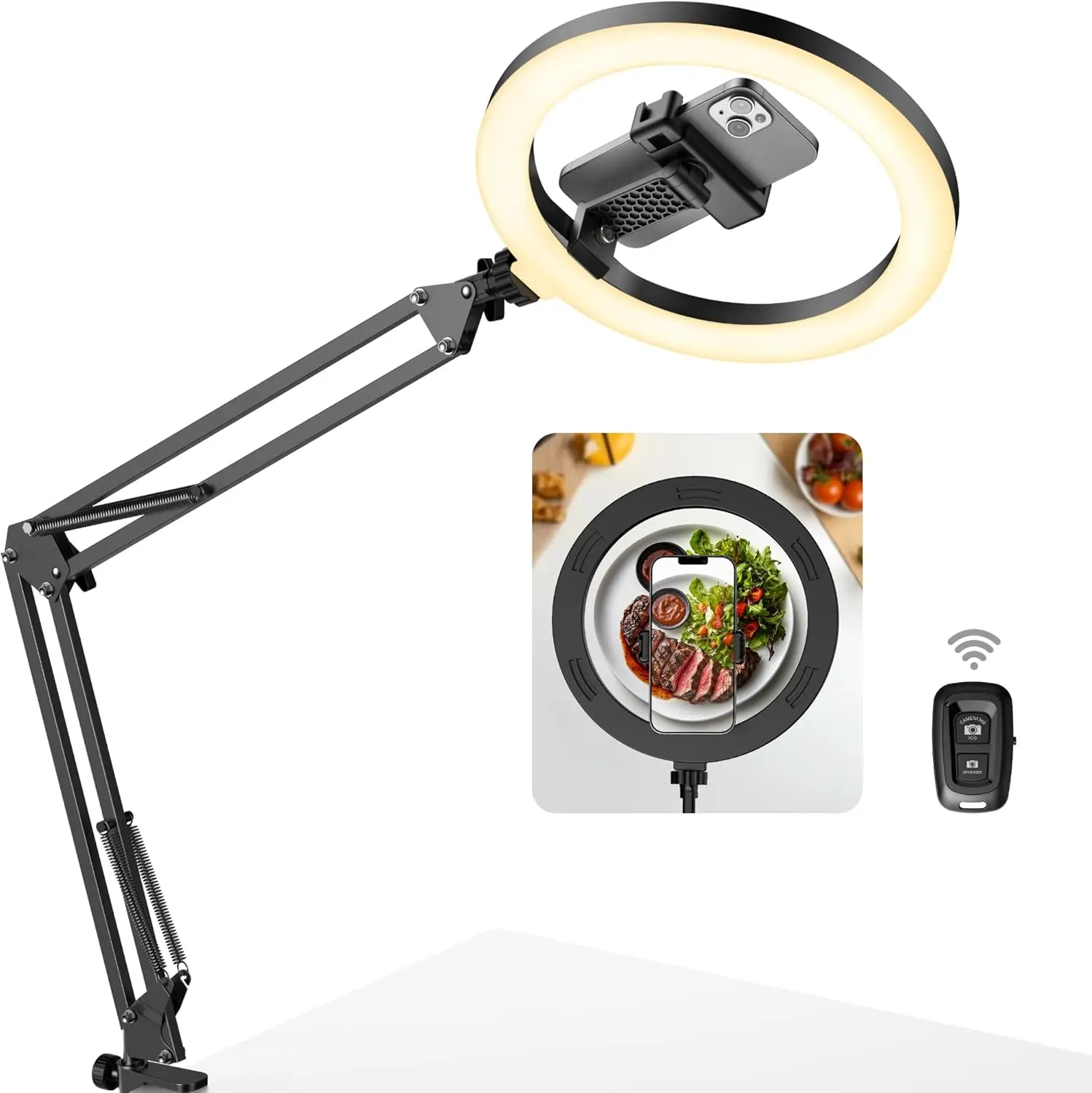 

Overhead Phone Mount with Ring Light, 10" LED Selfie Ring Light for Desk with Phone Holder and Remote Canvas Lamp Light
