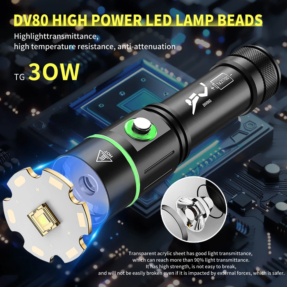 20000LM 5000mah Upgrade Scuba Diving Flashlight Powerful 80M Underwater Lantern Rechargeable Dive Torch IPX8 Waterproof LED Lamp