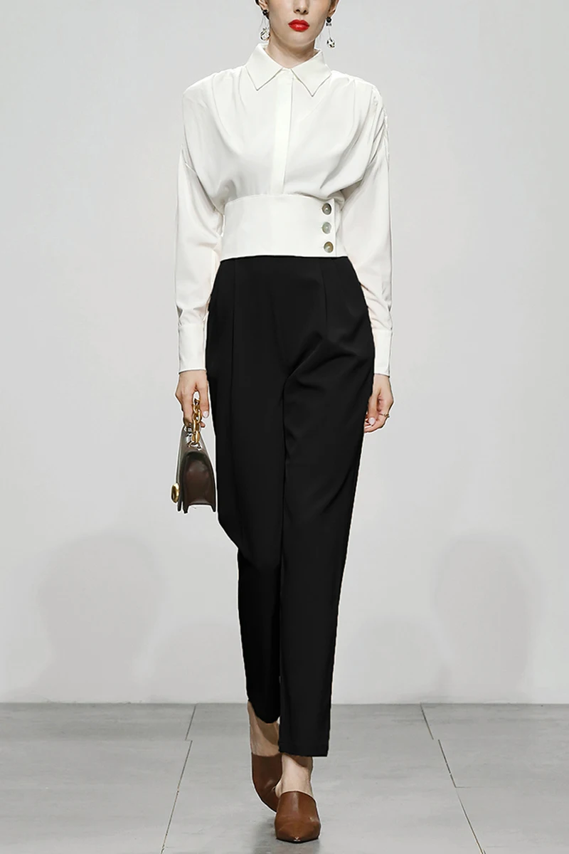 Autunno Ufficio OL Pantaloni Due Pezzi Set Nuove Donne Risvolto Collo Manica a Soffio Bottoni Camicia Sottile Bianca Top + Pantaloni Matita Formali Vestito