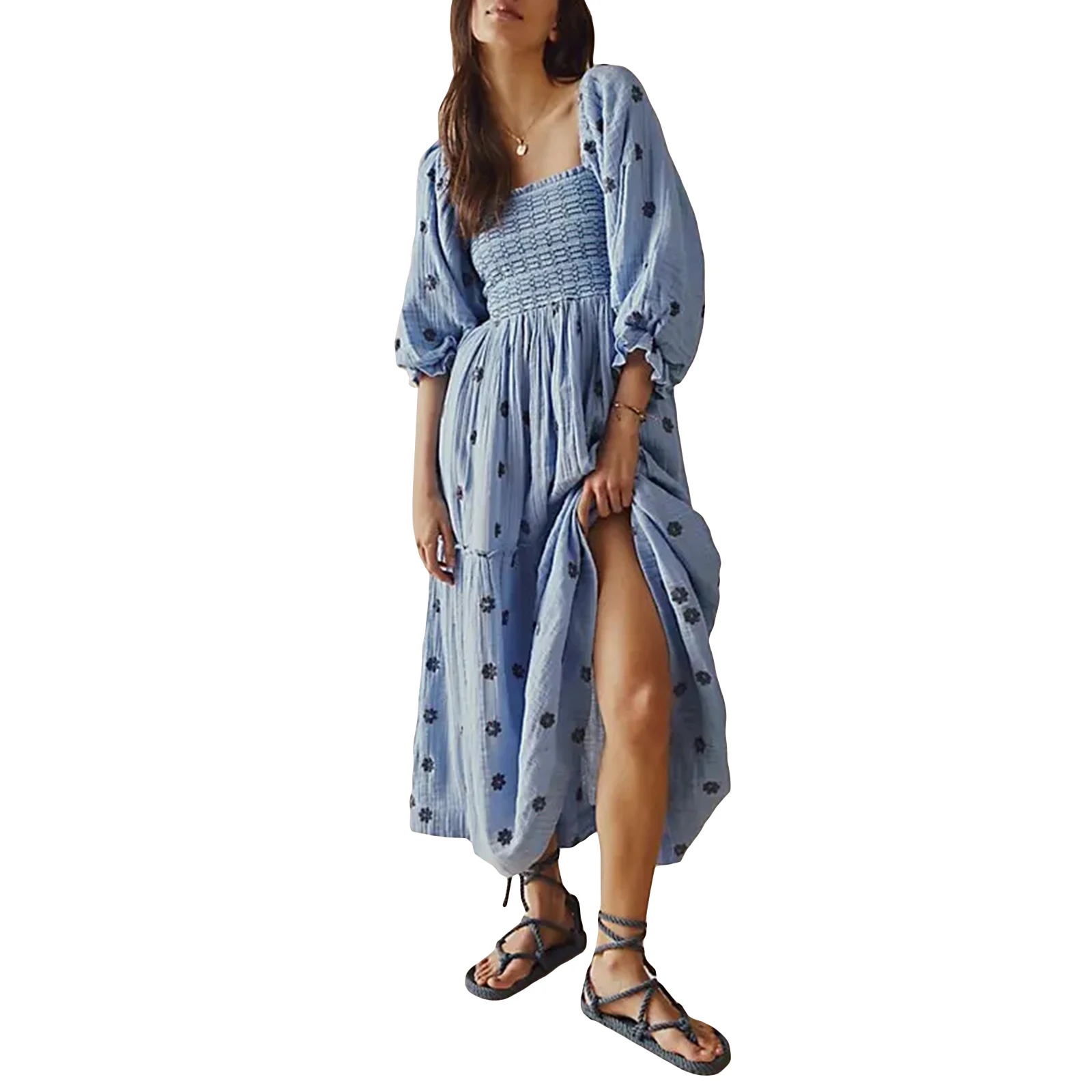 Dames Zomer Casual Lange Jurk 3d Geborduurde Bloemen Jurk Met Vierkante Hals En Pofmouwen, Mode Jurk Met Rugloze A-Lijn