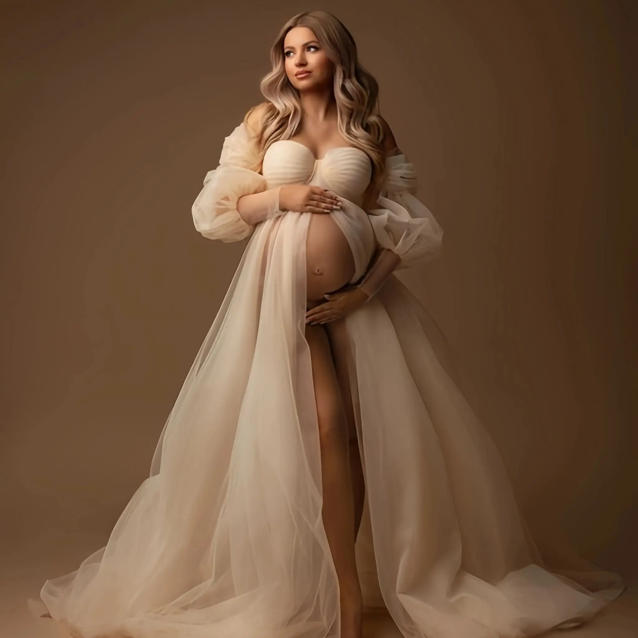 Sweetheart Maternity Gowns Champagne Tulle Vestidos de Noche Photoshoot  Babyshower Gowns Women Photography Dressing Wear