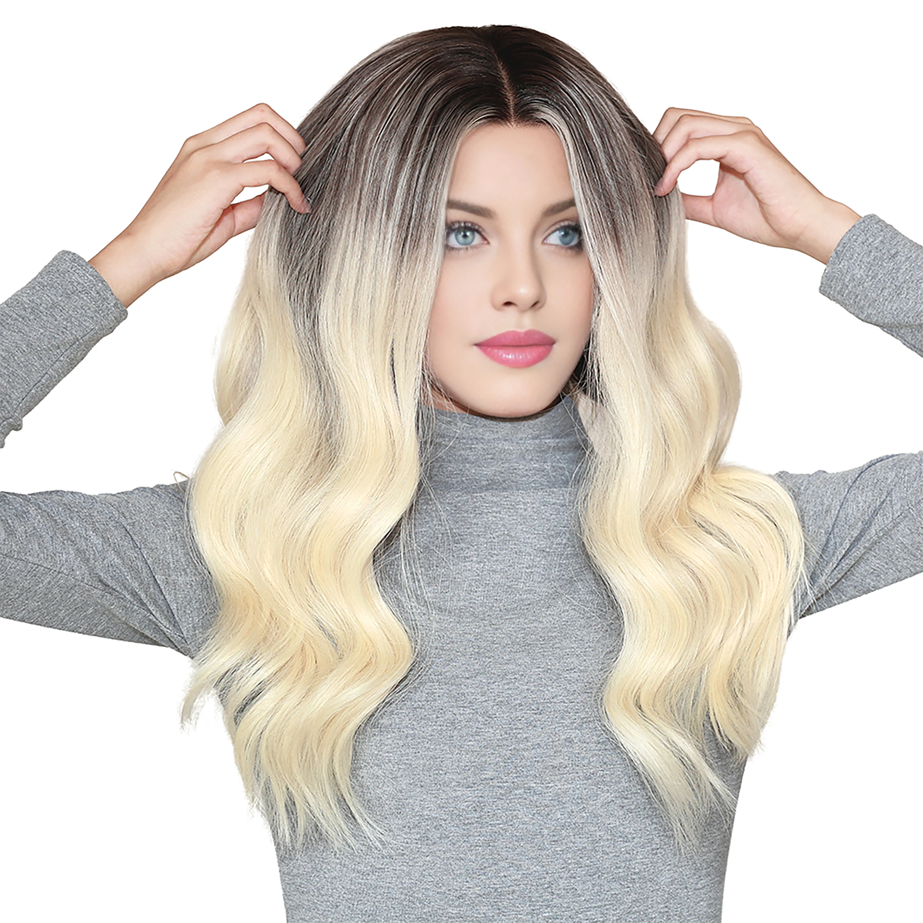 Wavy Lace Front & Top Wig Pear Blonde with Brunette Hand Painted Glueless Human Hair Balayage Ombre Wig