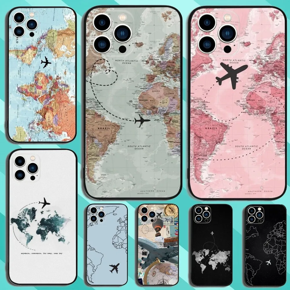 Airplane Map Phone Case For iPhone 16,15,14,13,12,11,Plus,Pro Max,XS,X,XR,SE,Mini,8,7 Soft Silicone Black Cover