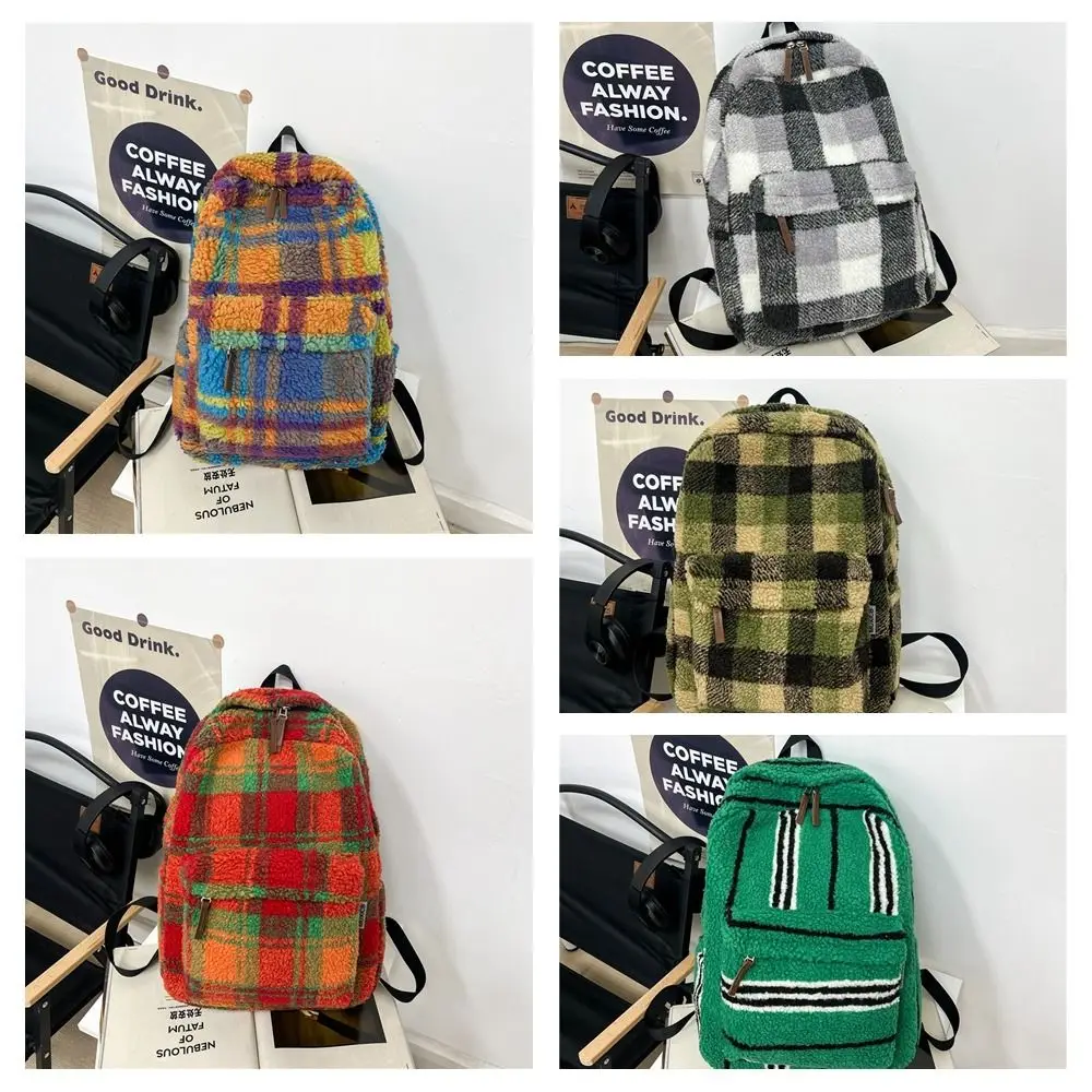 Tas ransel kotak-kotak, gaya Korea, warna-warni, kapasitas besar, tas ransel bulu domba, tas bahu trendi, tas siswa