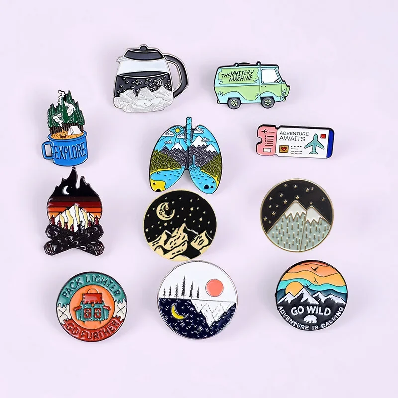 Camping Explore Enamel Pin Bonfire Backpack Cartoon Pins Brooch Scenery Lapel Pin Jewelry Gift For Adventure Lovers Wholesale