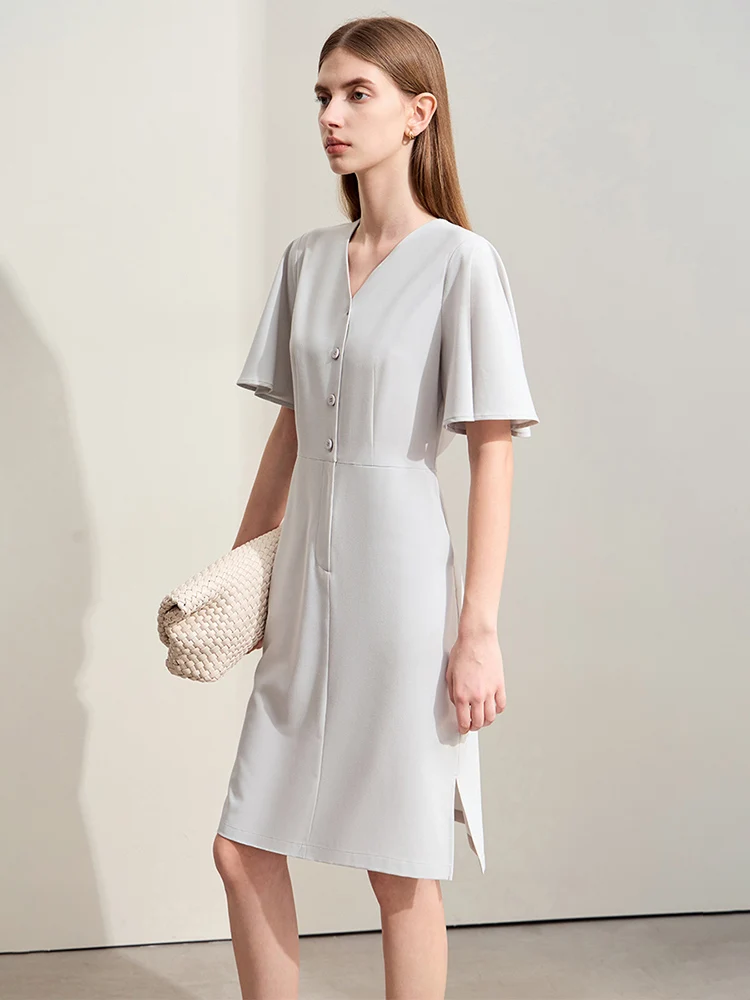 Amii Minimalism 2024 Summer New Elegant V-neck Knot Hollow Waist Dress Female Slit Short-sleeve Trendy Dress For Women 12422090