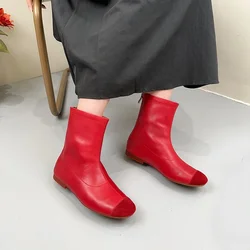 Birkuir Mixed Colors Ankle Boots For Women Zip Genuine Leather Round Toe Back Zip Short Boots Comfort Luxury Red Causal Shoes