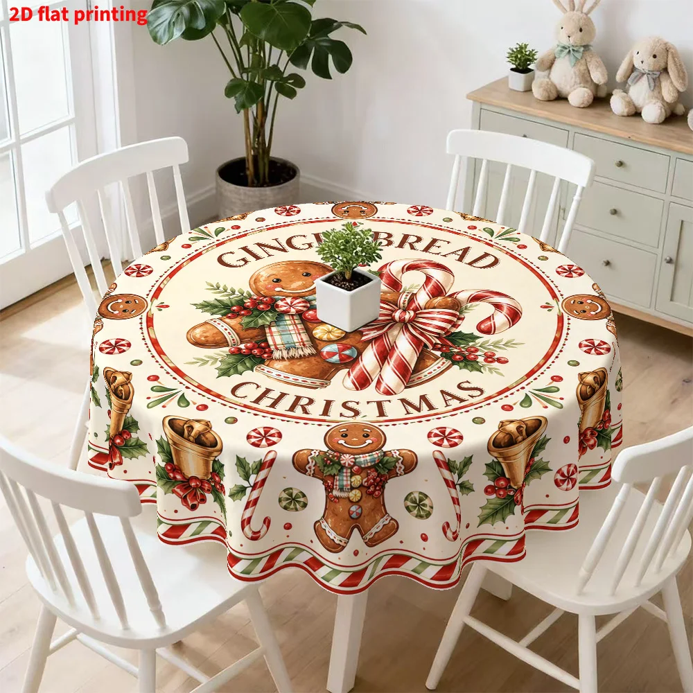 Pack of 1,  round tablecloth, Christmas gingerbread man print tablecloth, home kitchen decoration, tableware accessories