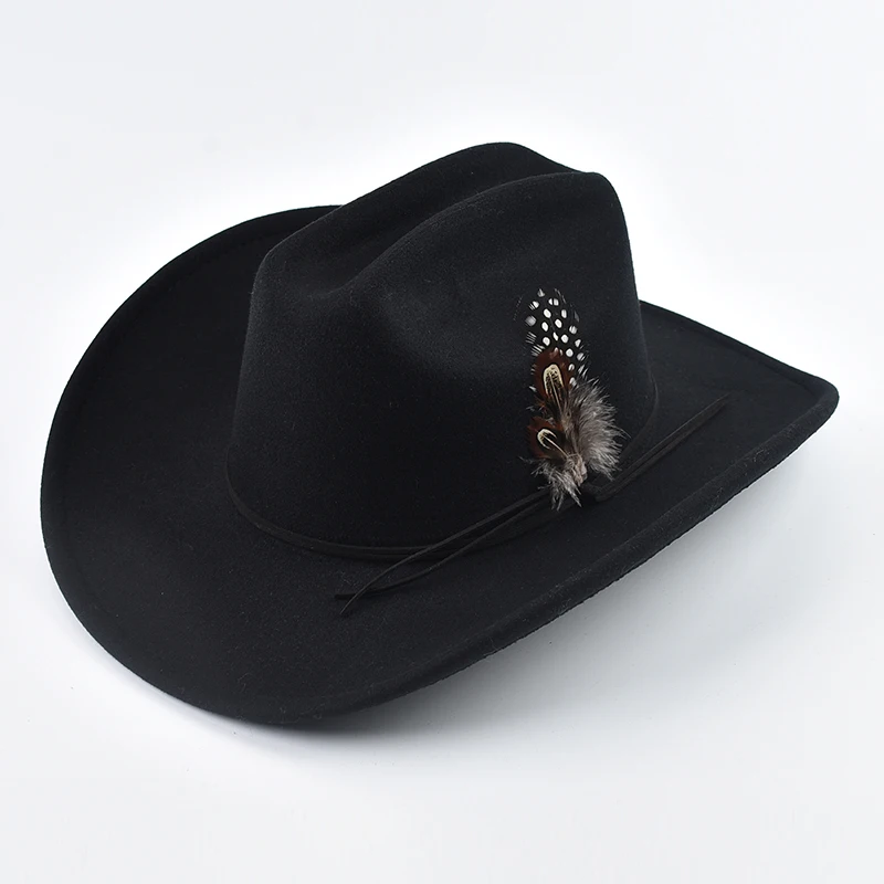 Western Cowboy Hat with Feather Band Vintage Big-edge Gentleman Cowgirl Jazz Hat Autumn Winter Felt Fedoras Hat