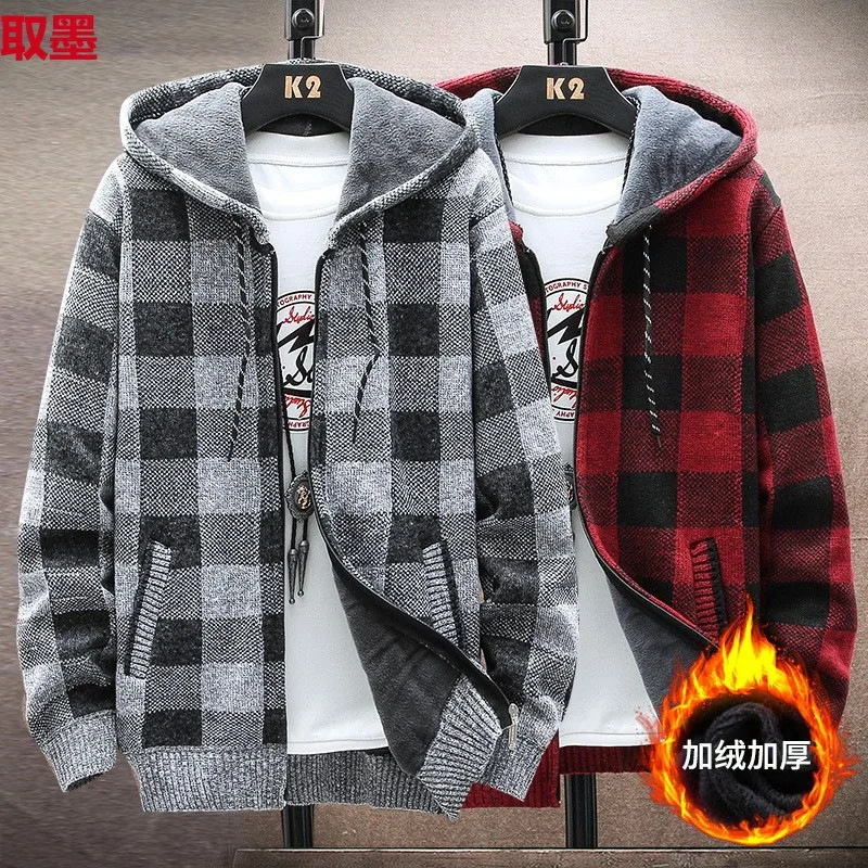 

Men's Fleece Warm Cardigan Plaid Sweater Hooded Winter Clothes Korean Knit Coat Full Zip Cardigans Jacket Fashion Jumper