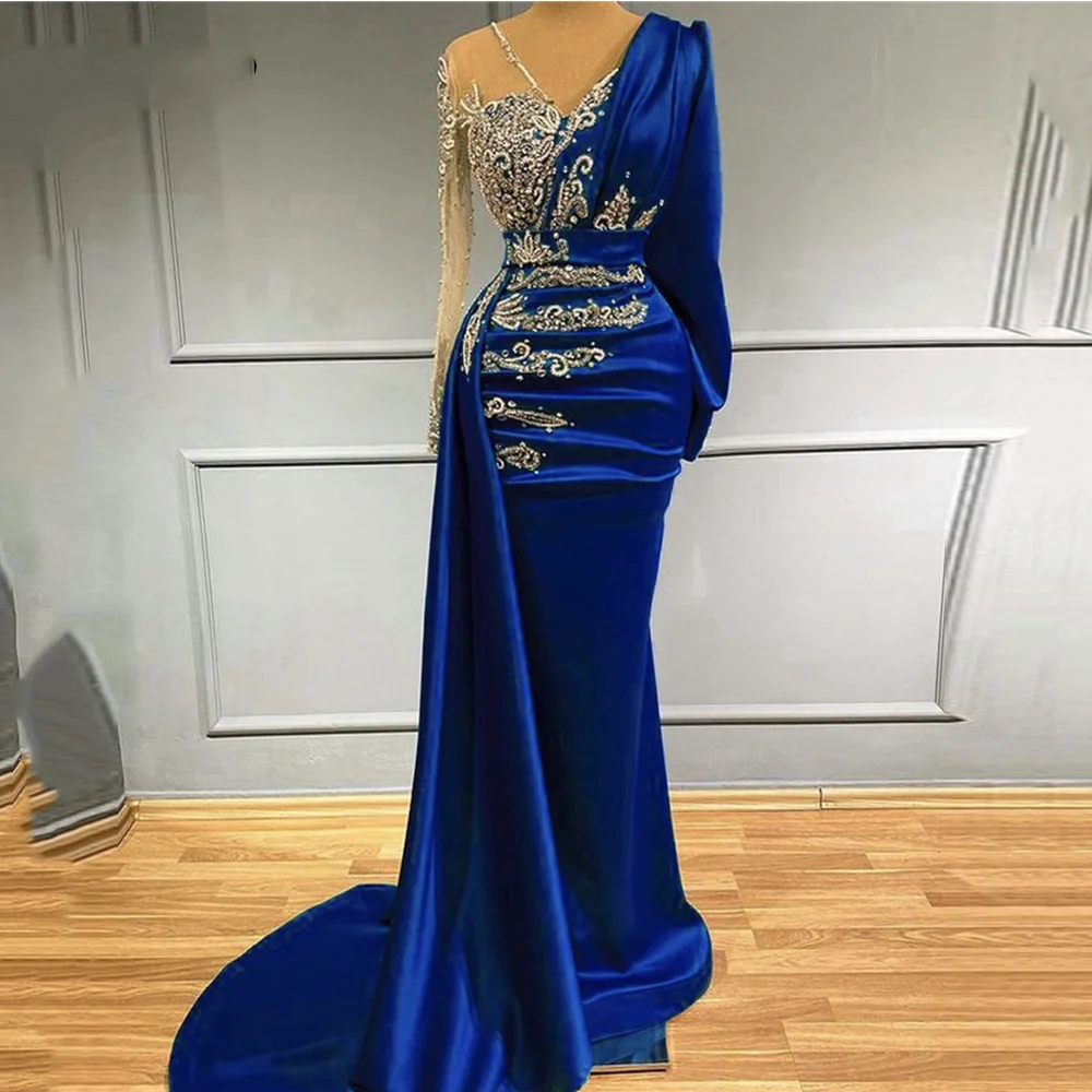 

Royal Blue Satin Beads Long Sleeve Evening Dresses for Women Elegantly Pair with Detachable Sexy V-Neck Dubai Arab Formal Prom