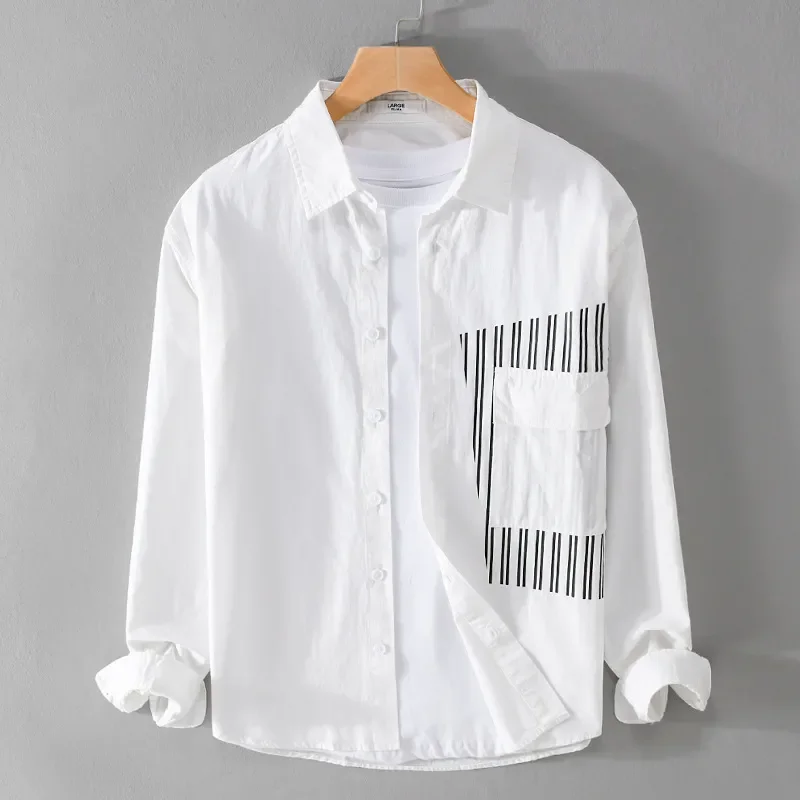 

Spring men's printed color blocked long sleeved shirt trendy casual youth loose white men's top