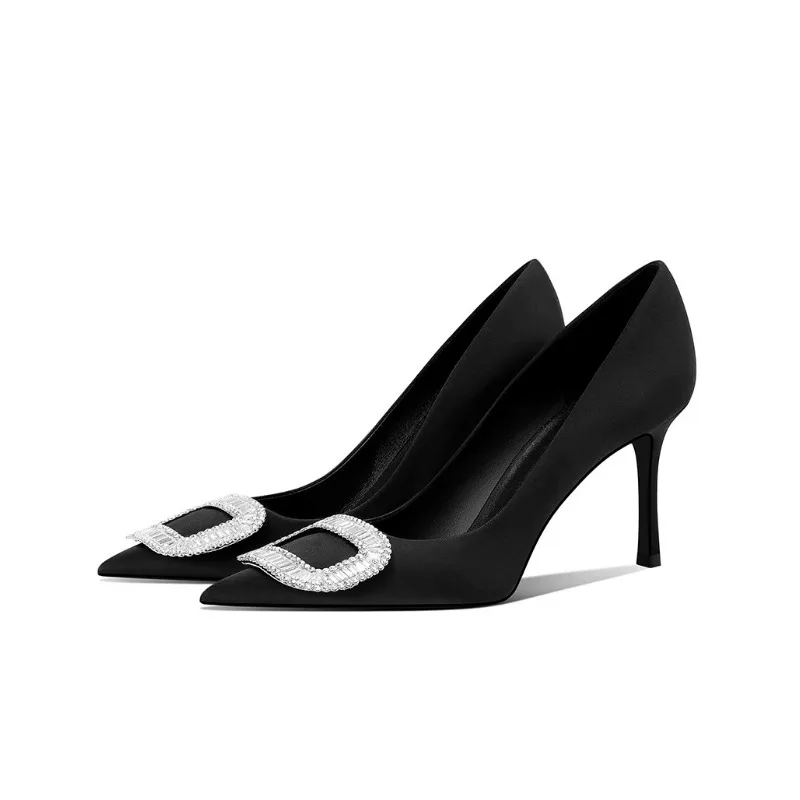 2025 جديد حذاء نسائي بكعب عالٍ أسود من الساتان خنجر حجر الراين مشبك أحذية الحفلات الأنيقة #1