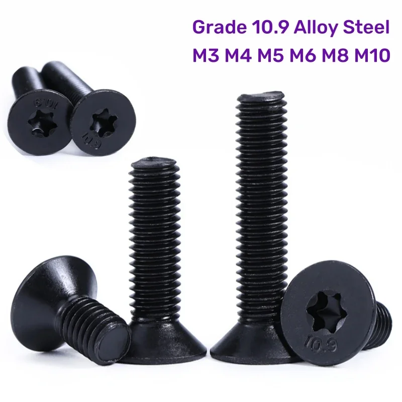1~10pcs Black Six-Lobe Torx Head Flat Countersunk Screw M3 M4 M5 M6 M8 M10 Grade 10.9 Alloy Steel Anti-theft Security Bolt