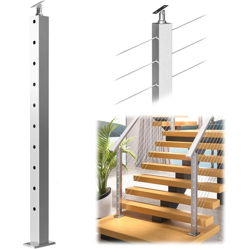 

Stair Cable Railing Post 36 Inch for 25-35 Degrees Stair 36"x2"x2" Surface Mount Brushed T304 Stainless Steel Cable Raili