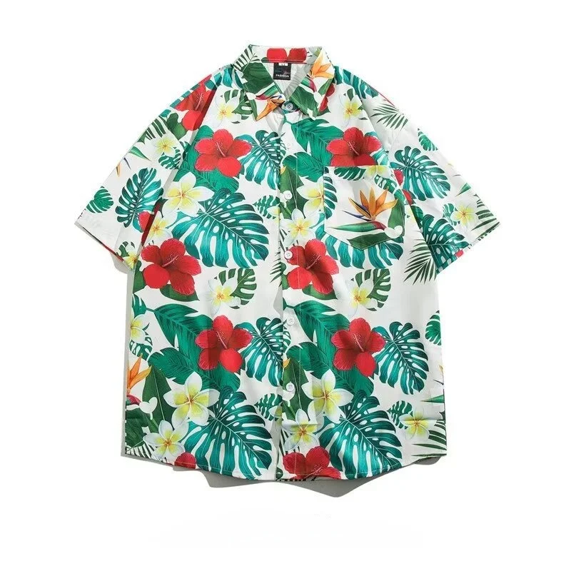 Summer Men's Retro Hawaiian Short Sleeve Floral Shirt Loose Handsome Beach Vacation Quick Drying Half Sleeve Flower Shirt