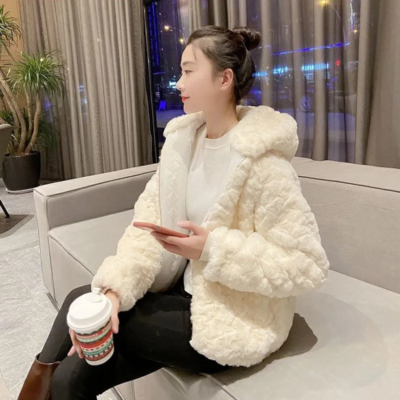 

2024 New Autumn Winter Thickened Rex Rabbit Plush Jacket Women's Outwear Korean Loose Casual Hooded Lamb Short Fur Coat