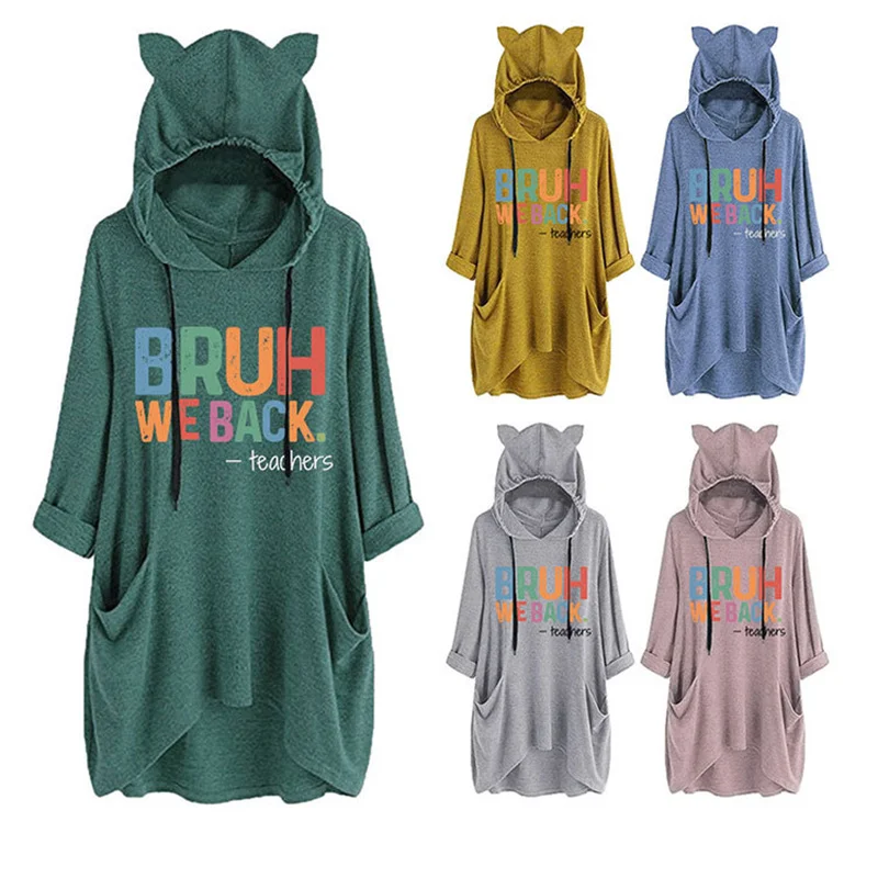 

New fashion cotton women's bruh weback teachers letter print vintage cute cat ears cashmere long-sleeved hoodie