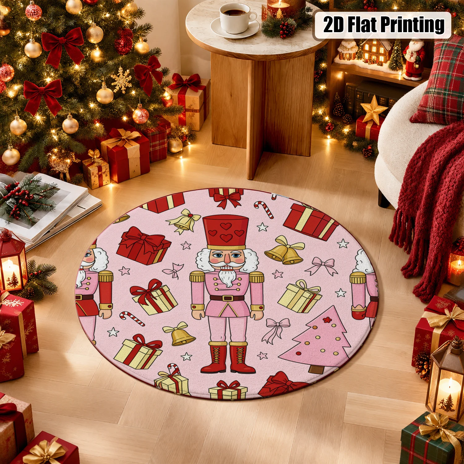 Nutcracker Christmas Pattern Round Decorative Velvet Rug Machine Washable for Living Room Bedroom Dining Area Halloween Thanksgiving Black Friday Christmas New Year