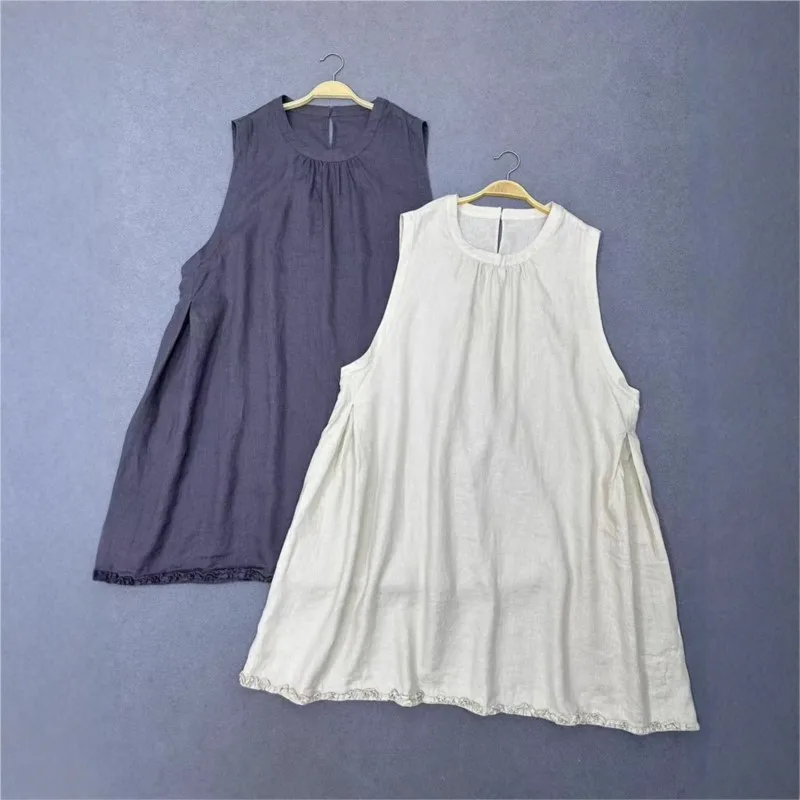 

Johnature Casual Linen Sleeveless Women Dresses Spring Summer New 2025 Japanese Vintage Rolled Loose Layered Render Female Dress