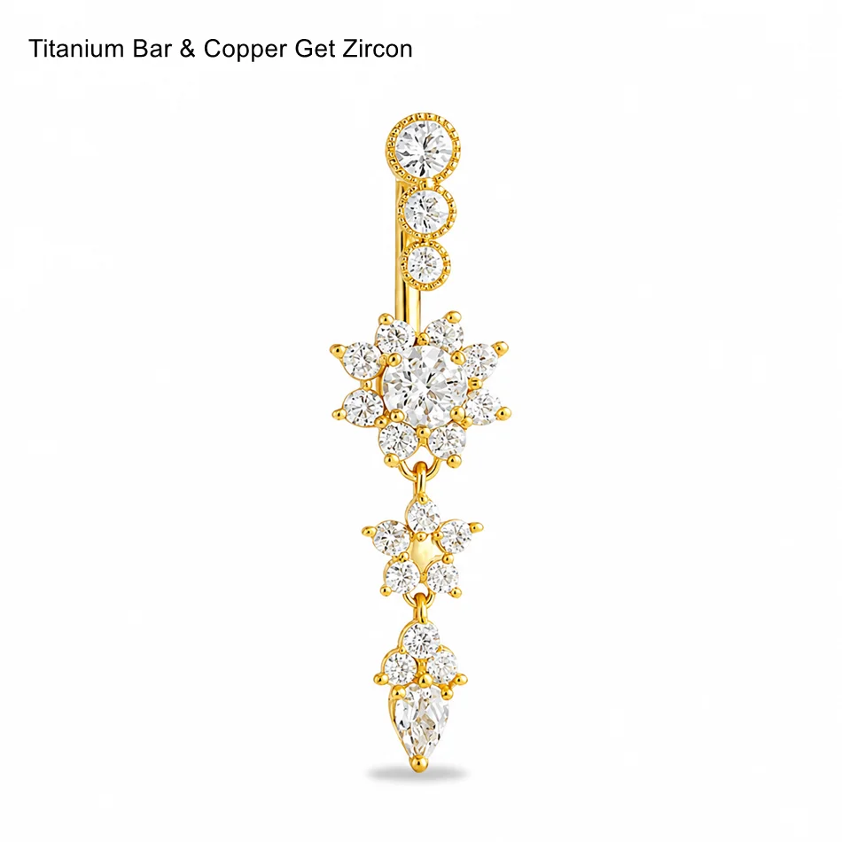 Women's Crystal Flower Navel Piercing Jewelry Body Dangle Barbell Bar Belly Button Ring 8mm 12mm 14mm 16mm Titanium Navel Curve view 3