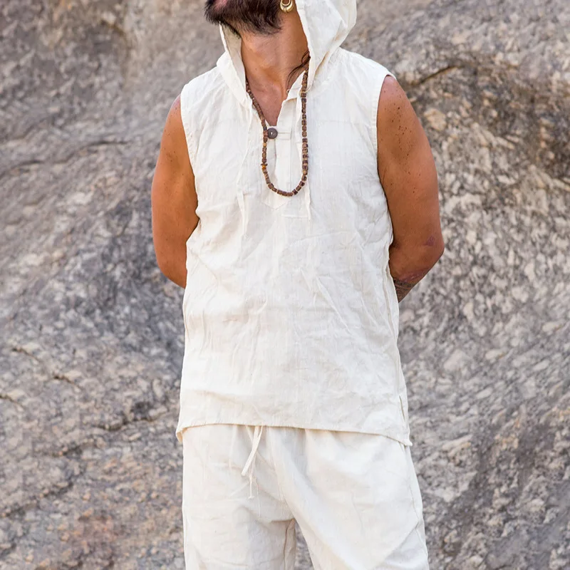 New Men's Casual Imitation Hemp Summer Hooded Sleeveless Vest Loose Shorts Two-piece Set