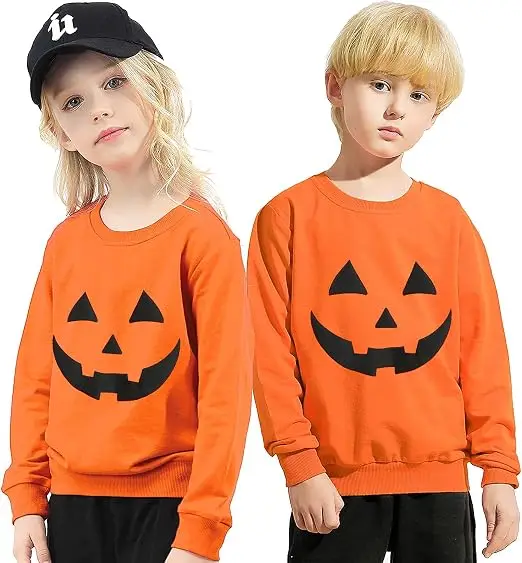 Little Hand Kids Trick Or Treat Sweatshirt Jack O Lantern Pumpkin Face Long‑Sleeve Crewneck Top for Halloween Costume Party 2‑7T