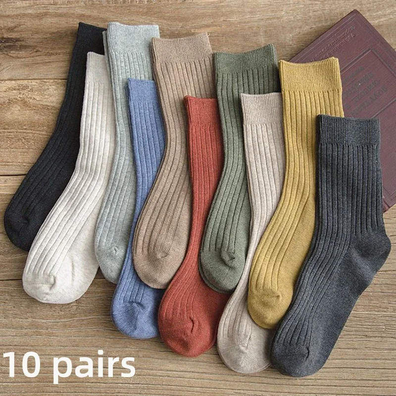 

10 Pairs Classic Women Retro Socks Spring Autumn Comfortable Cotton Striped Casual Socks Soft Solid Colors Female Tube Socks