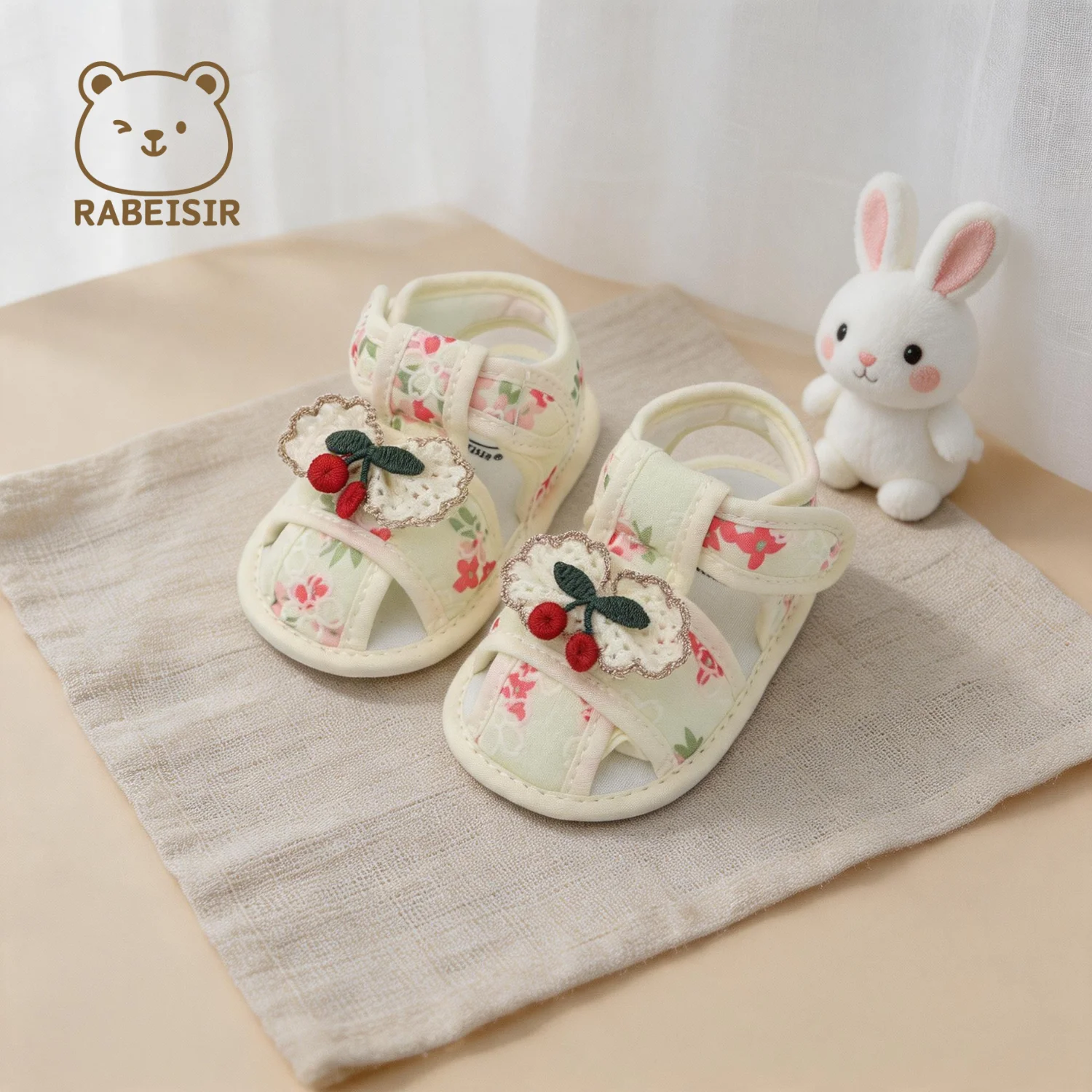 0-18 Months Baby Girl Floral Sandals Cute Cherry Bow Decoration Velcro Soft Sole Walking Shoes