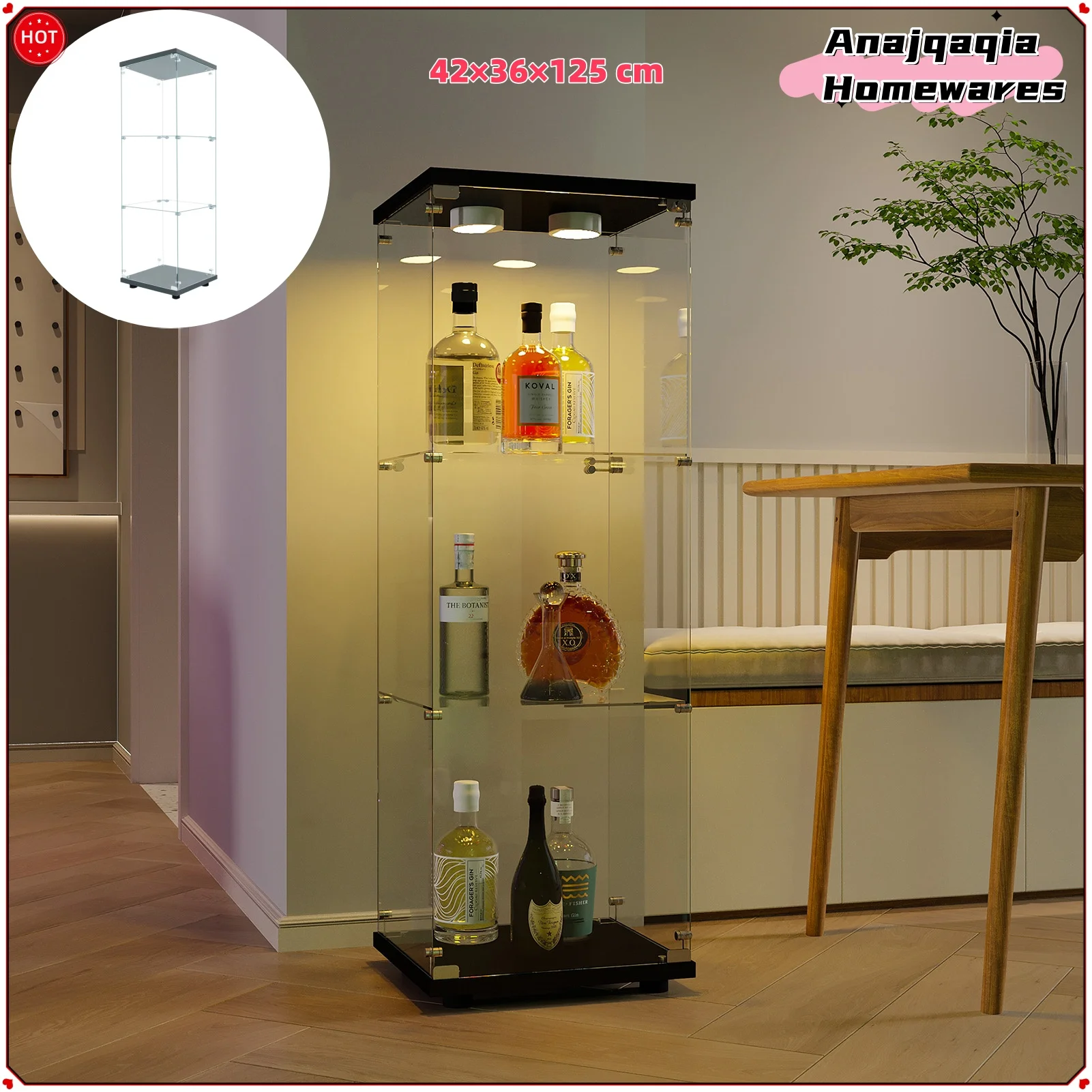 Anajqaqia Vetrina in vetro a 3 livelli, con luce LED e serrature, vetrina moderna in vetro, 42×36×125 cm, Nero