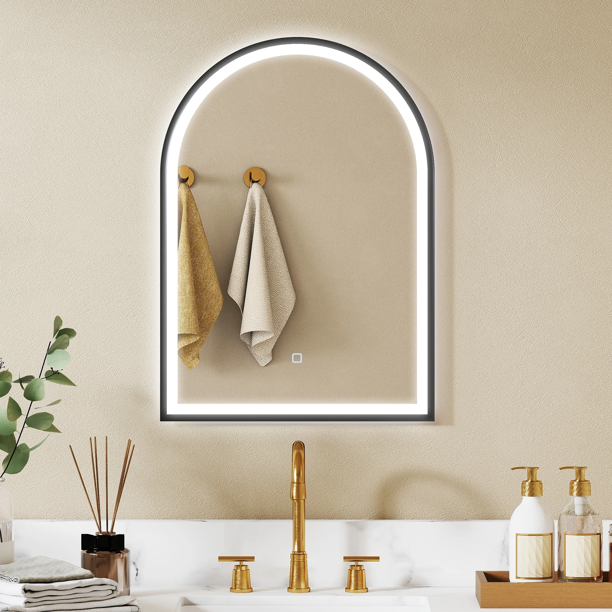 HOMCOM Miroir salle de bain avec éclairage 50 x 70 cm, miroir LED mural arqué, anti-buée, 3 couleurs lumière, dimmable, mémoire, rétroéclairé et frontal, verre trempé, interrupteur tactile, IP44, noir