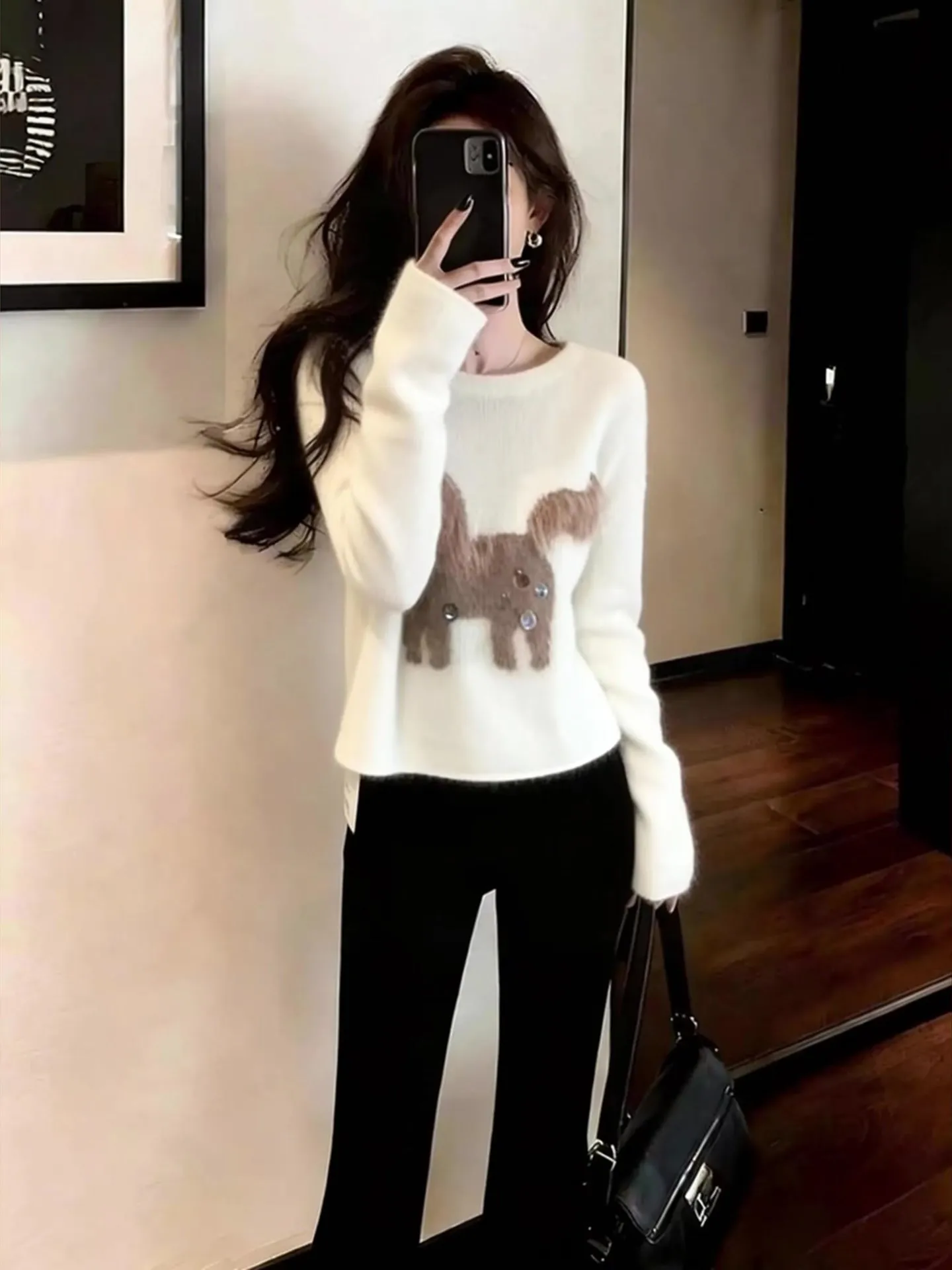 

Зима 2022, корейский дизайн для поездок на работу, мягкий топ с белыми пайетками, женский универсальный удобный длинный свек, шерстяной топ