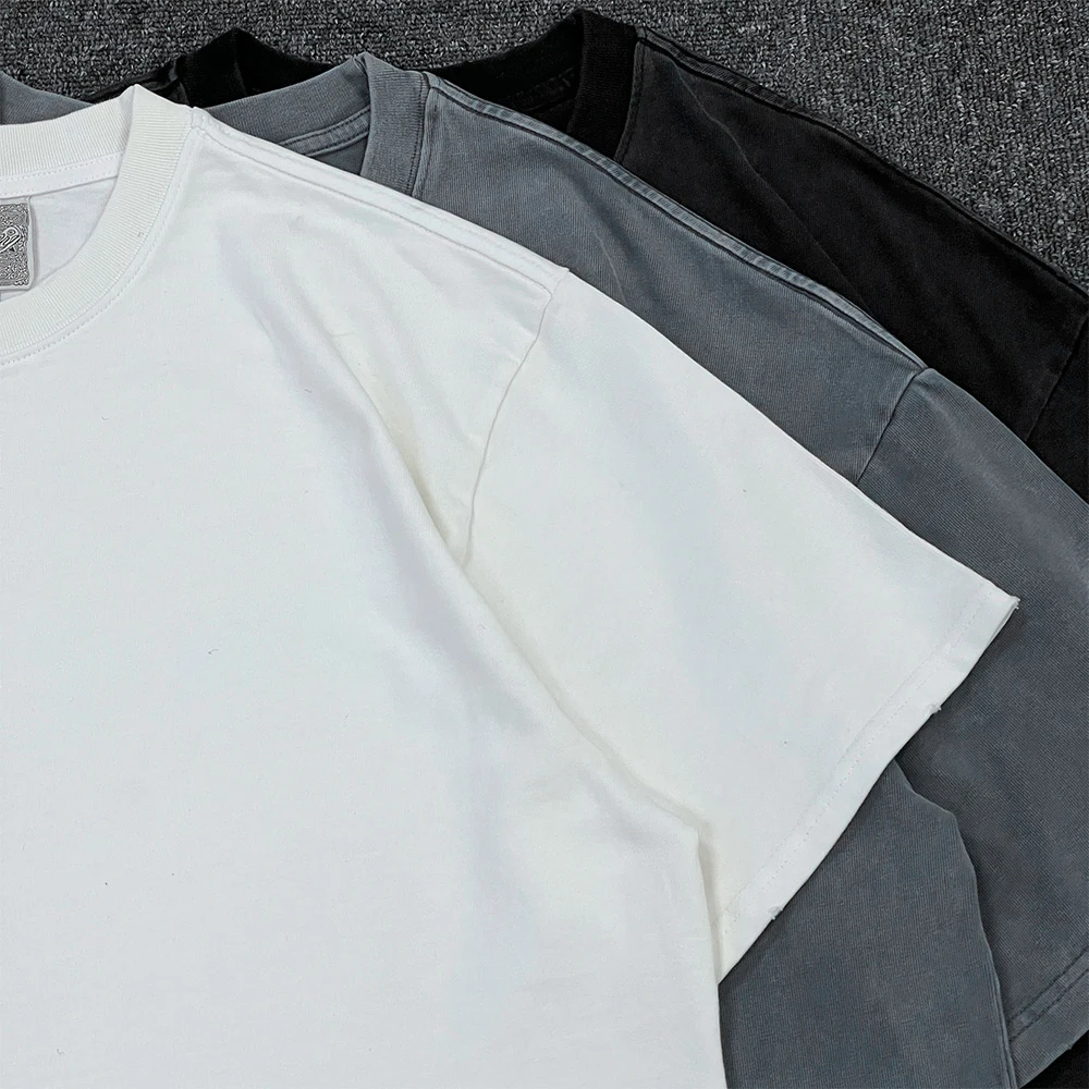 American Style Heavyweight 330g Vintage Worn Short Sleeve T-Shirt Hole Punching  Color Rock Hip Hop Base Top for Women