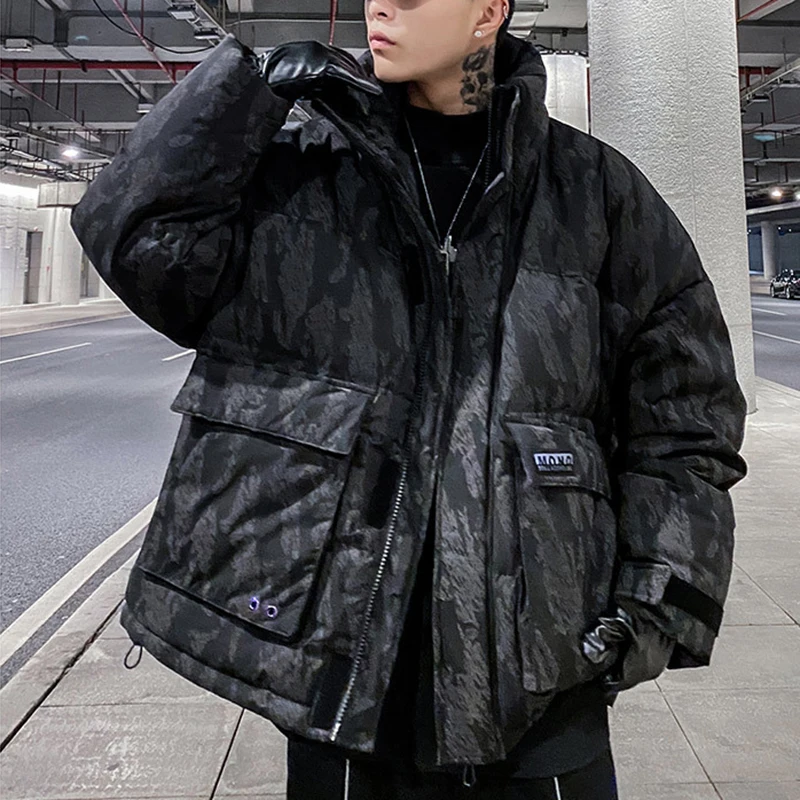 Men Camo Print Puffer Jacket Stand Collar Thick Warm Winter Down Coats Oversized Multi Pocket Hip Hop Streetwear Outerwear