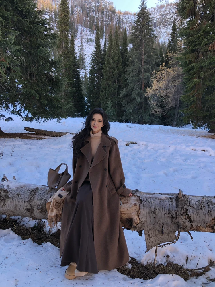 

Утепленное шерстяное пальто для высоких женщин, длинное двустороннее шерстяное пальто с поясом на талии, осенне-зимняя верхняя одежда, женская куртка