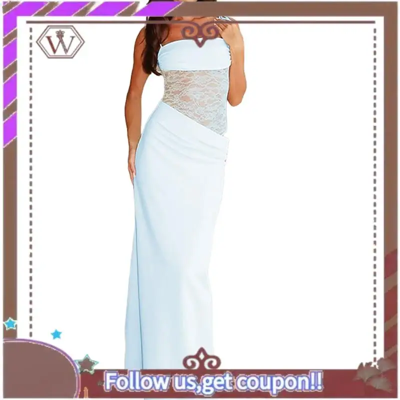 A95D-Vestido largo ajustado sin mangas con cuello cuadrado y corte empalmado de encaje para mujer con corsé transparente