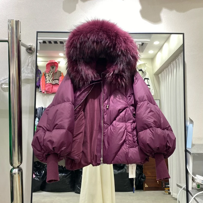 Winter High End Natural Large Fur Collar Down Jacket Female Hooded Warm Thick Parker Jacket Women White Duck Down Loose Outwears