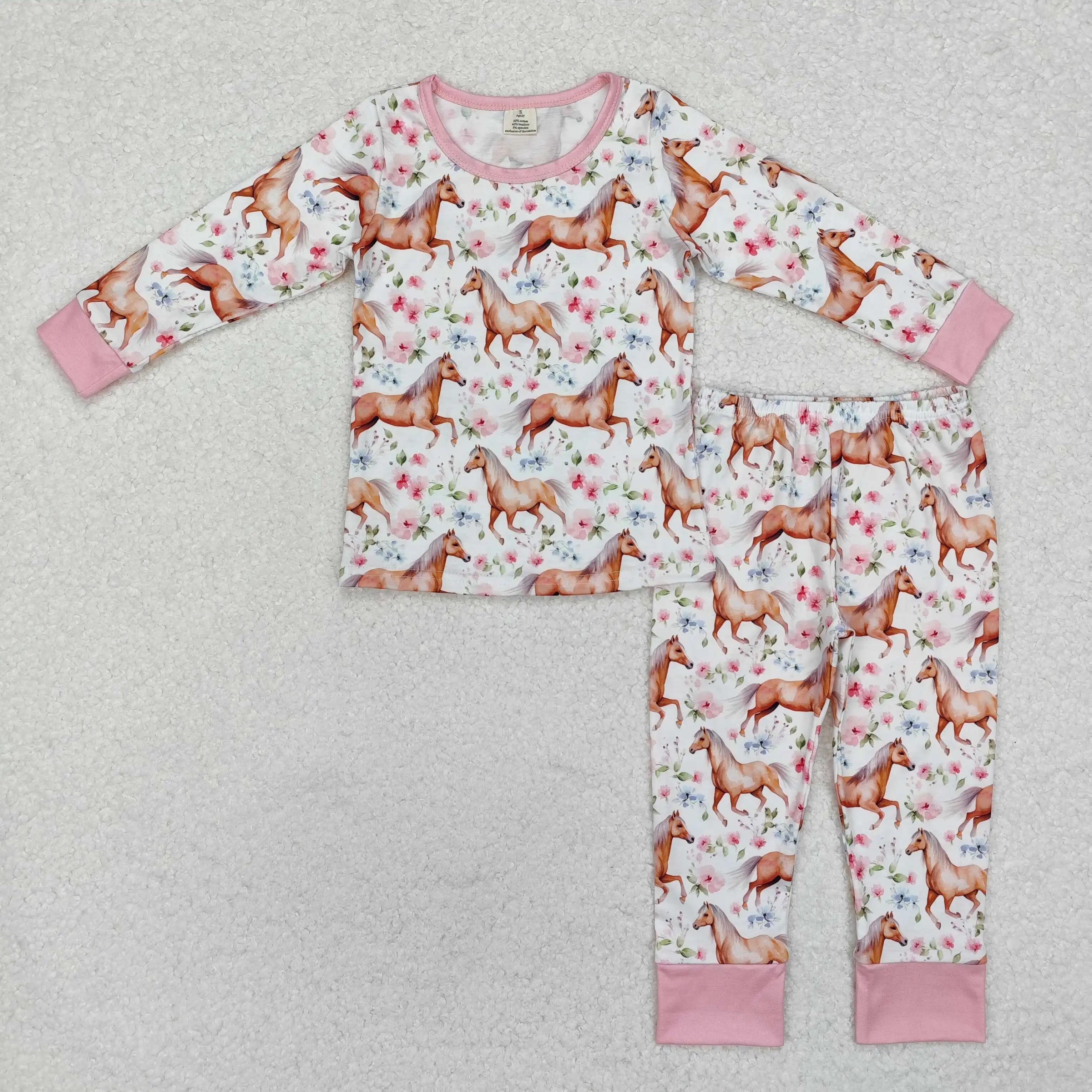 

New rts baby girls pink pajamas set wholesale boutique flower riding pattern bamboo children girls sleepwear suit