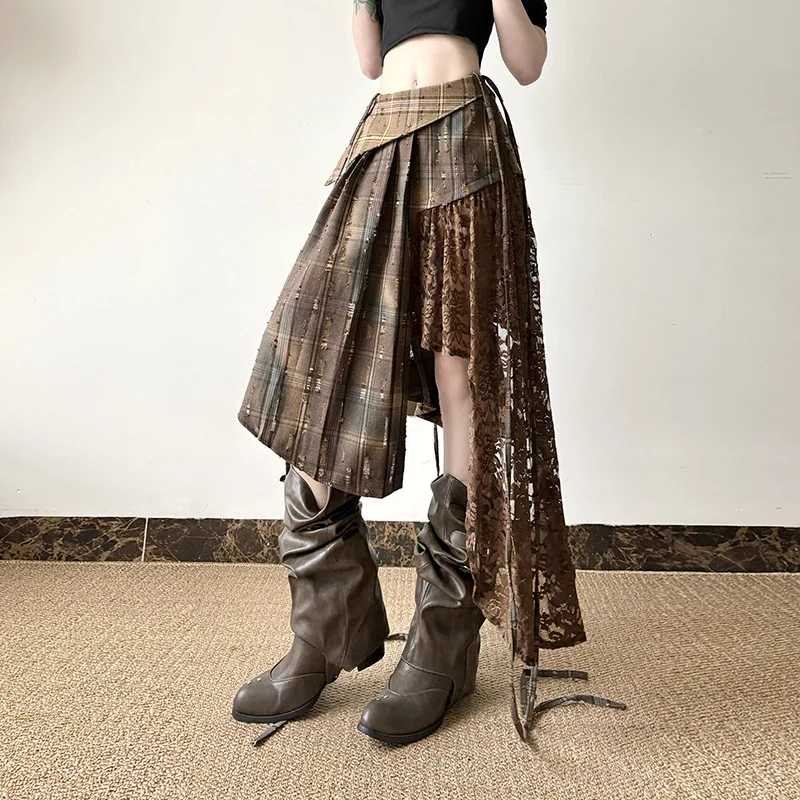 Fashionable Design Sense Splicing Irregular Plaid Lace Half Skirt for Women 2025 Spring American Retro Lace Up Waist Long Skirt
