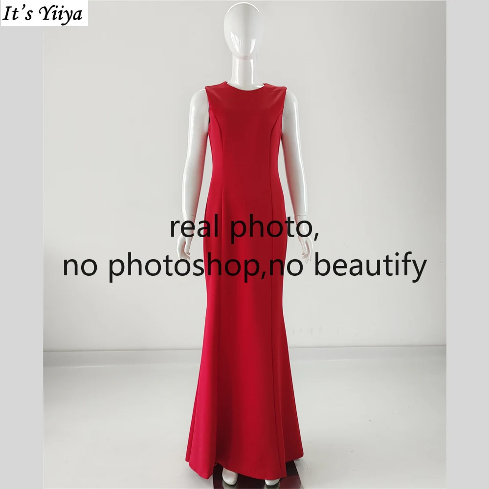 

It's Yiiya Evening Gown Red O-neck Sleeveless Zipper Back Floor-Length Mermaid Trumpet Plus Size Robe De Soiree Women Party Gown