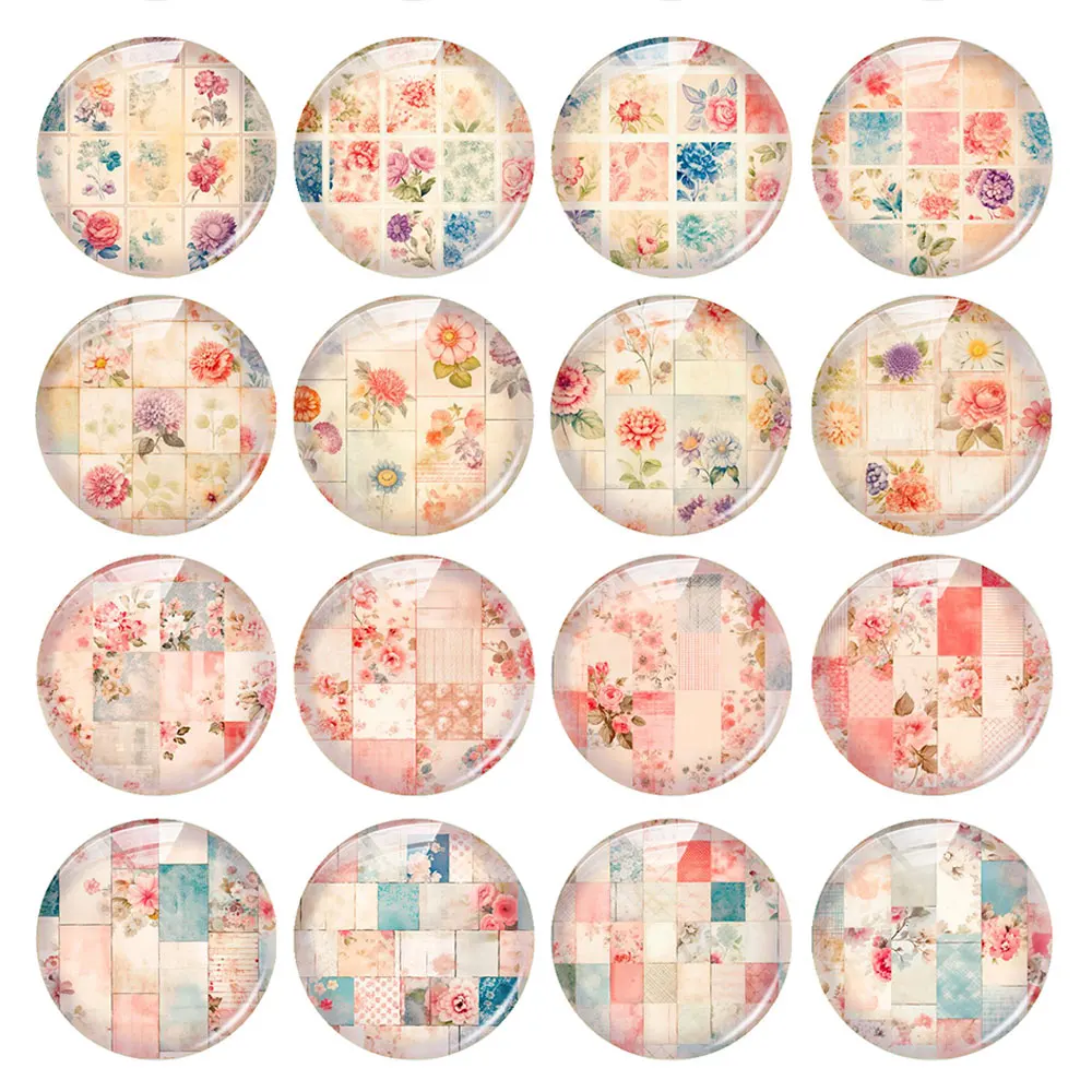 Random Mixed Round/Oval/Square Flower Plaid Photo Glass Cabochon Flatback Demo Cameo For Diy Jewelry Making Handmade Flat Back