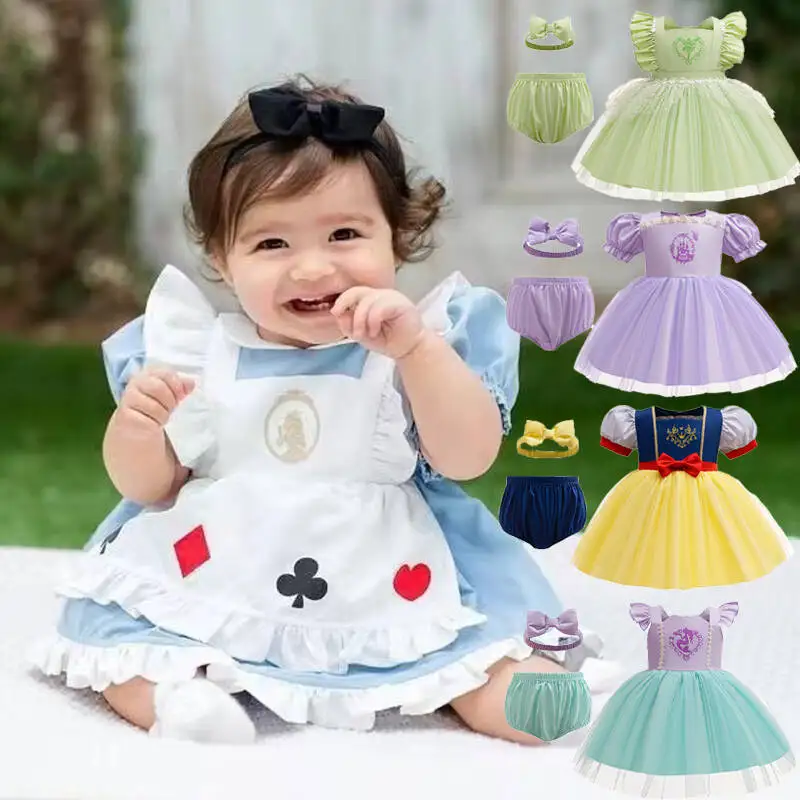 Baby Girl\'s Three-Piece Halloween Theme Poker Print Dress Blue Short-Sleeved Outfit for Parties Birthdays Photo Shoots