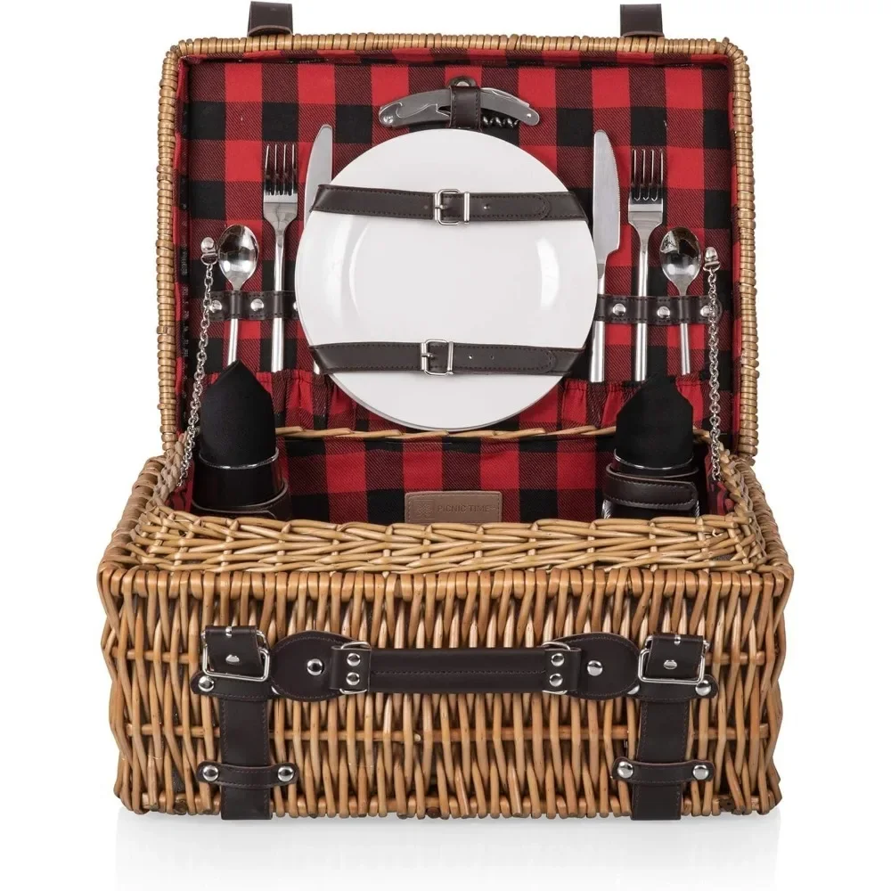 Picnic Basket for 2: Large Wicker Hamper Set with Complete Cutlery Service Kit