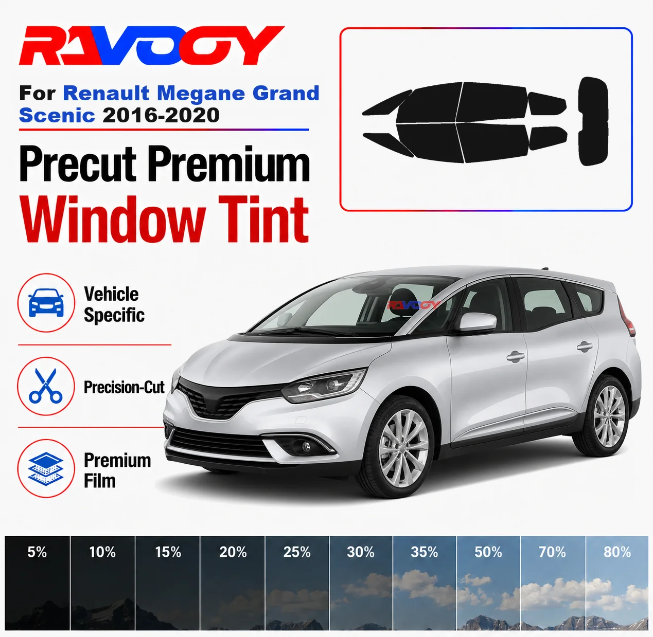 Premium Precut Window Tint Kit Front Rear Windows Rear Windshield For Renault Megane Grand Scenic 2016-2020 Nano Ceramic Film