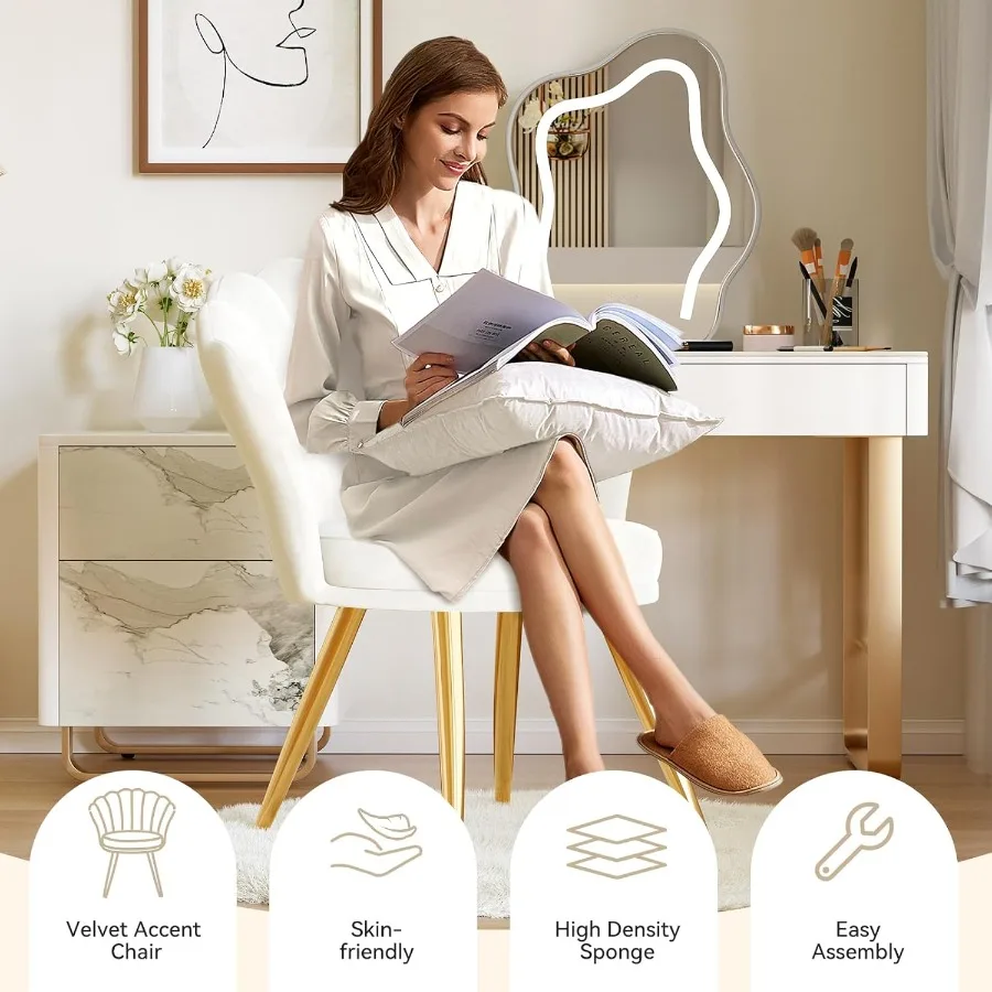 Elegante silla decorativa de terciopelo con patas de metal dorado, perfecta para sala de maquillaje, sala de estar o dormitorio, silla tapizada para invitados en blanco